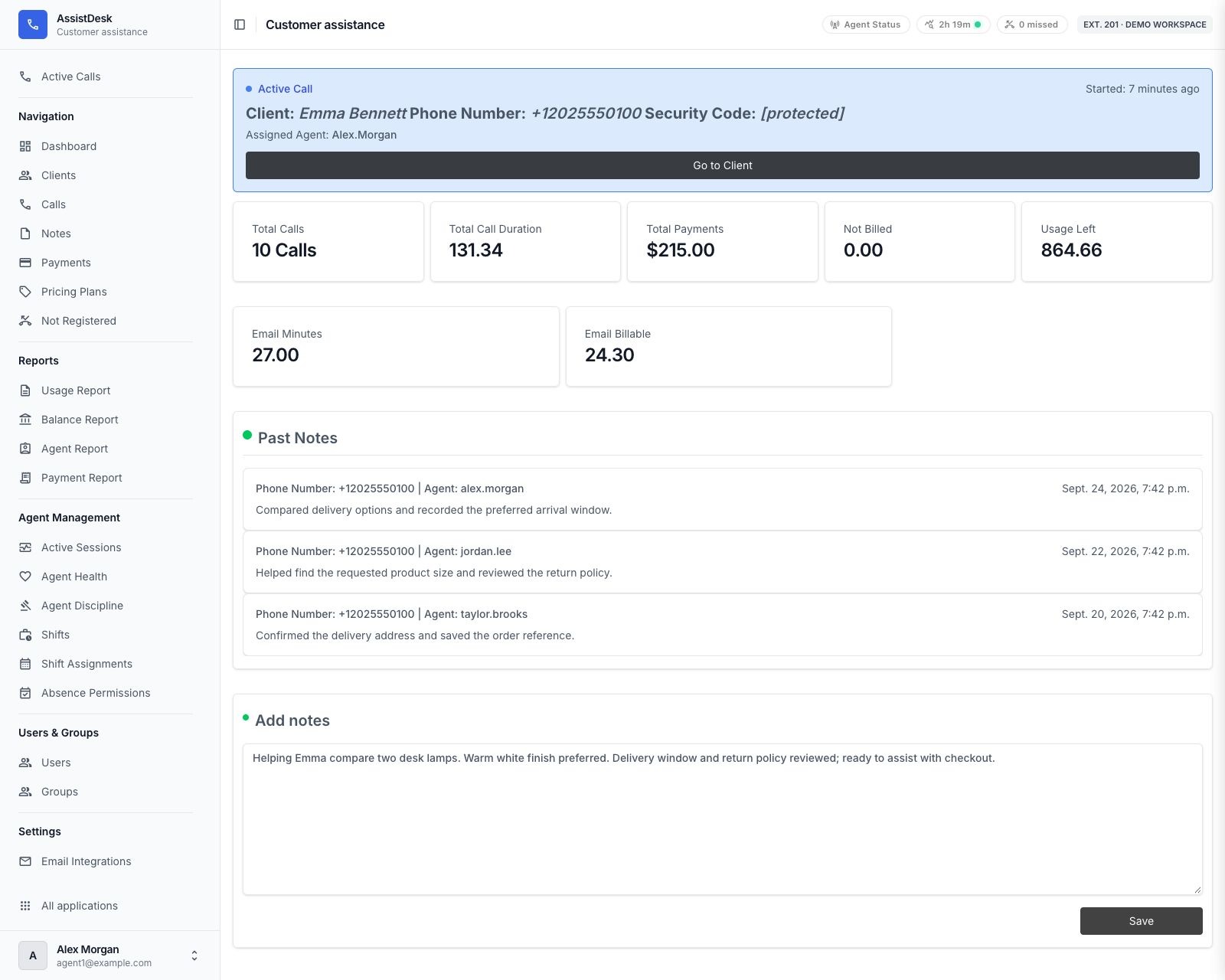 One workspace for the active call. See the caller, service balance, past notes, and current conversation together. Add a note without leaving the call.
