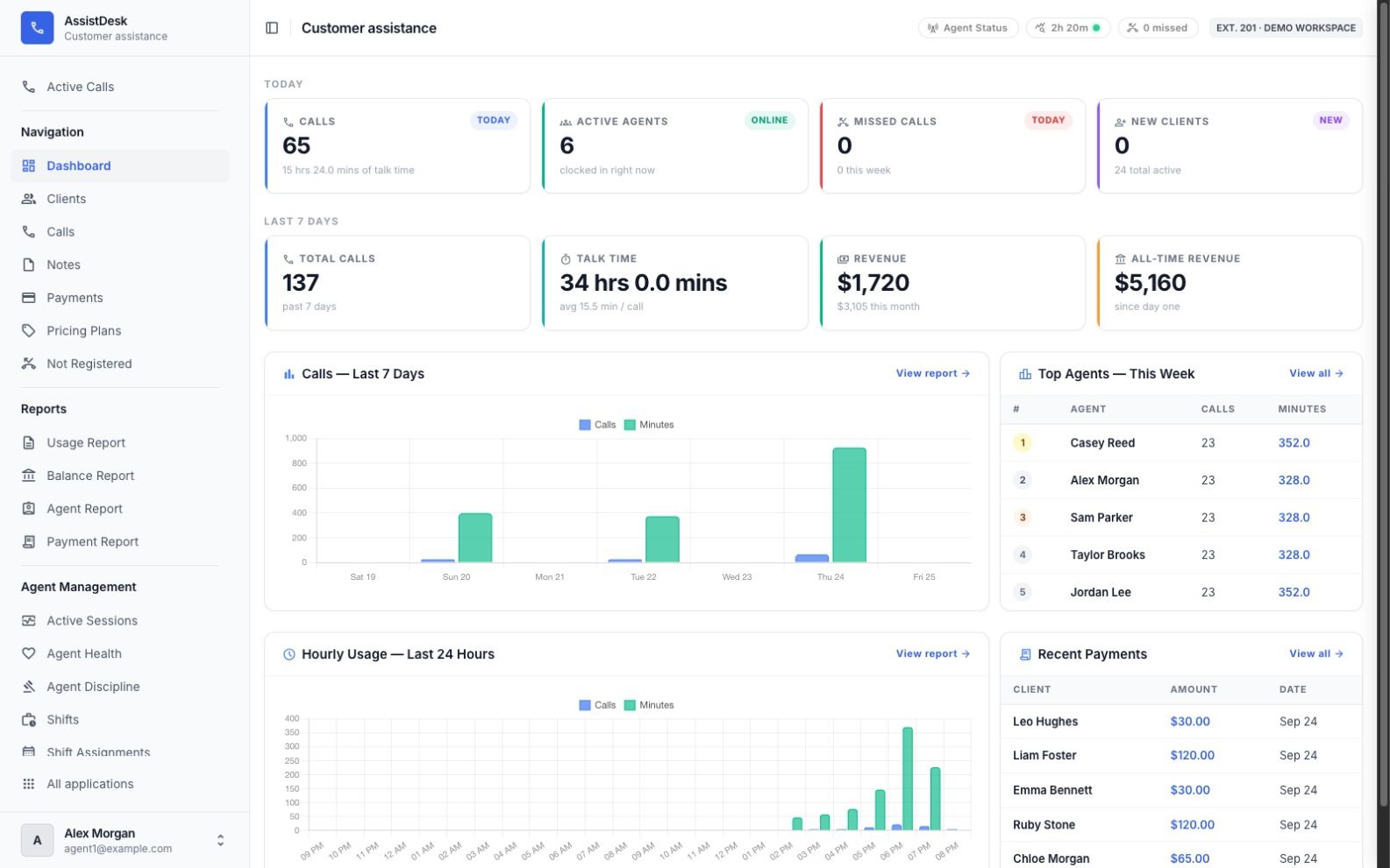 Calls, activity, and account totals. A shared overview brings current call volume, active agents, service usage, and recent payments together.