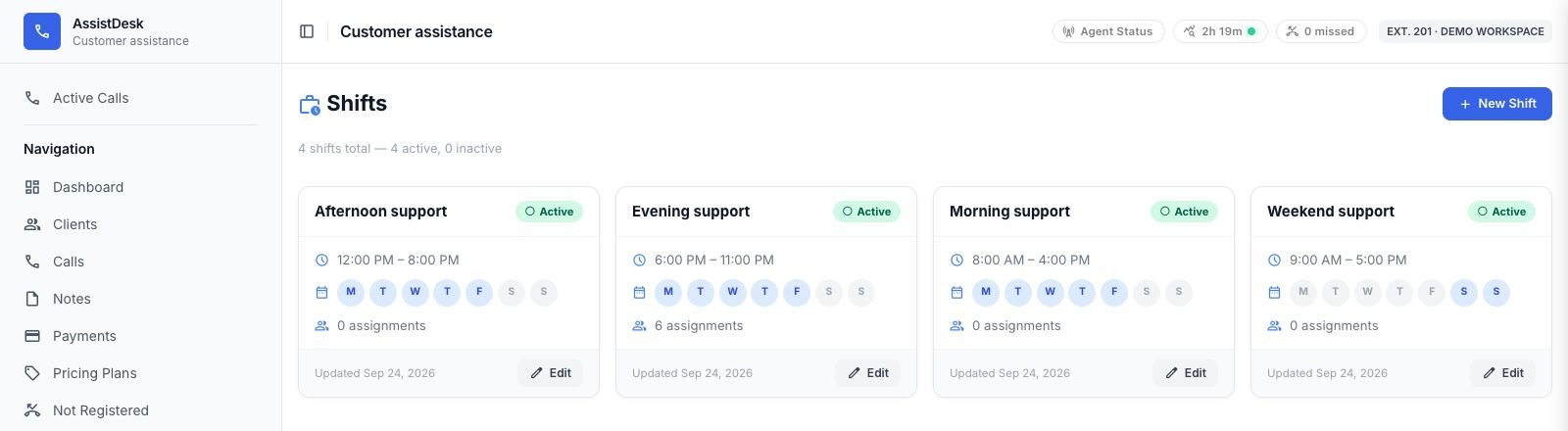 Plan coverage across the week. Organize recurring shifts, working hours, and agent assignments.