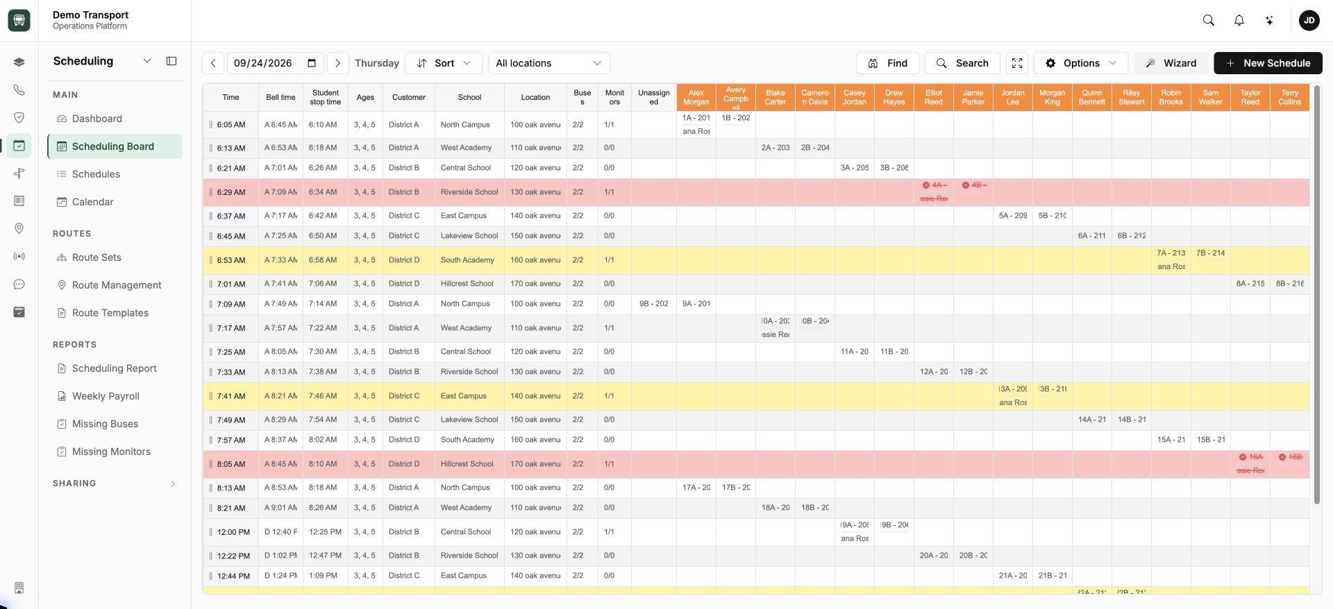 Scheduling Drivers, routes, and service times share one working view.